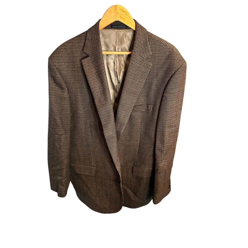 Lauren Ralph Lauren Mens Houndstooth Blazer Brown Tan Two Button Sport Coat